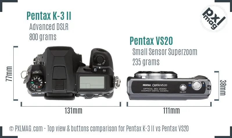 Pentax K-3 II vs Pentax VS20 top view buttons comparison