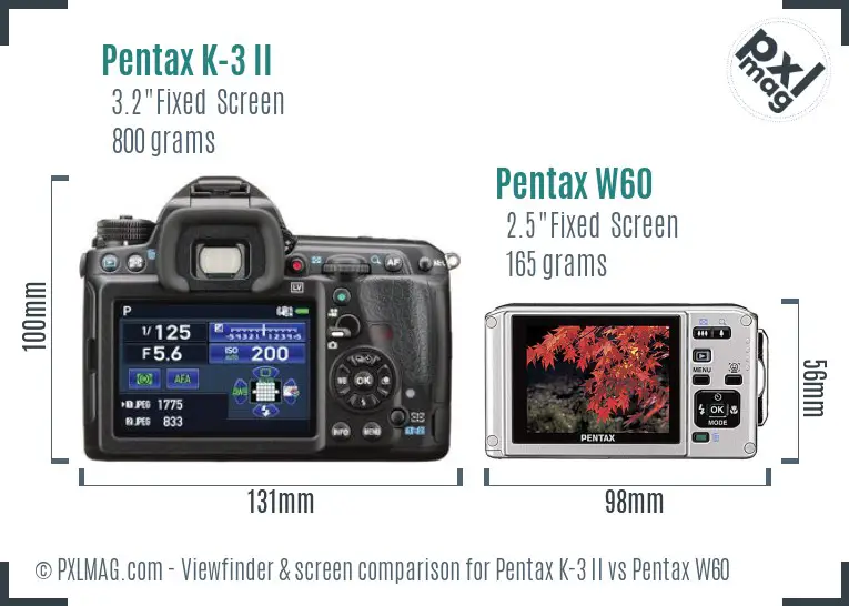 Pentax K-3 II vs Pentax W60 Screen and Viewfinder comparison