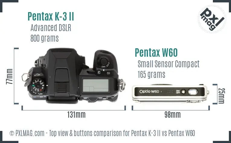 Pentax K-3 II vs Pentax W60 top view buttons comparison