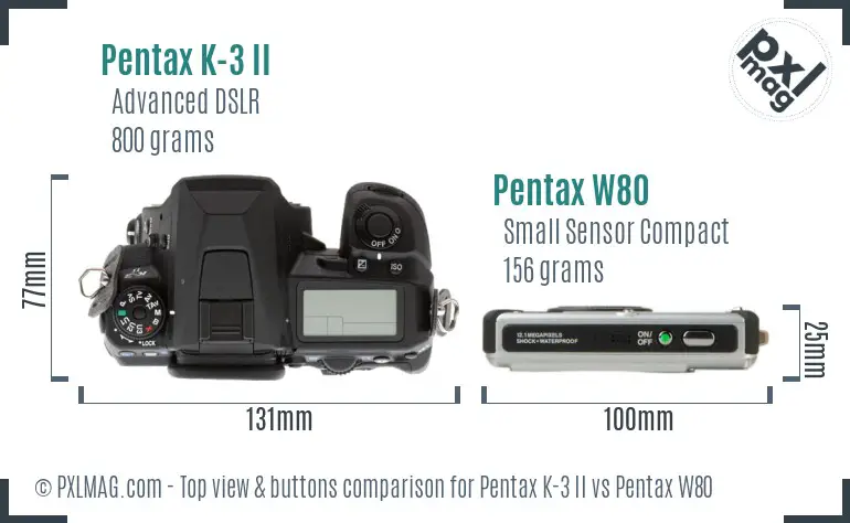Pentax K-3 II vs Pentax W80 top view buttons comparison