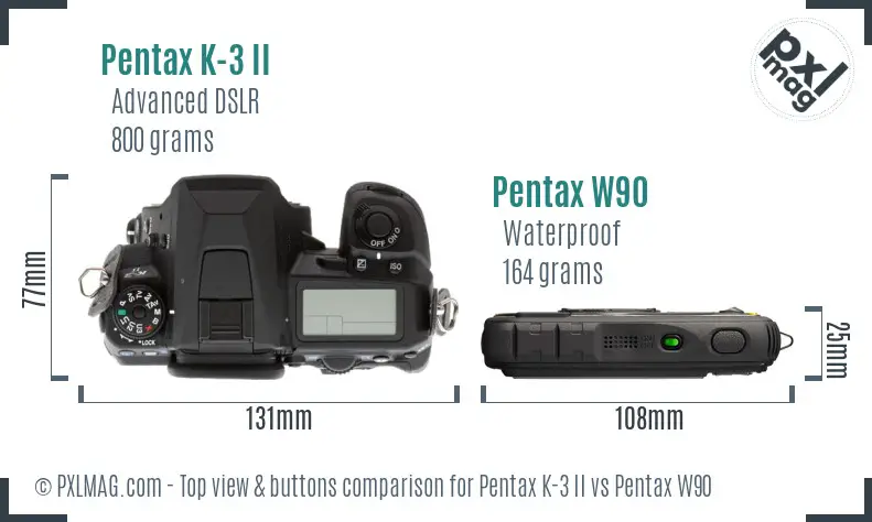 Pentax K-3 II vs Pentax W90 top view buttons comparison