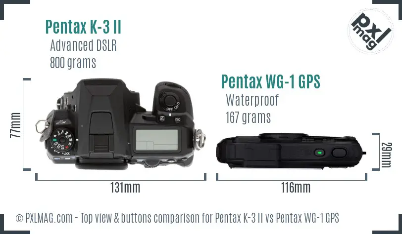 Pentax K-3 II vs Pentax WG-1 GPS top view buttons comparison