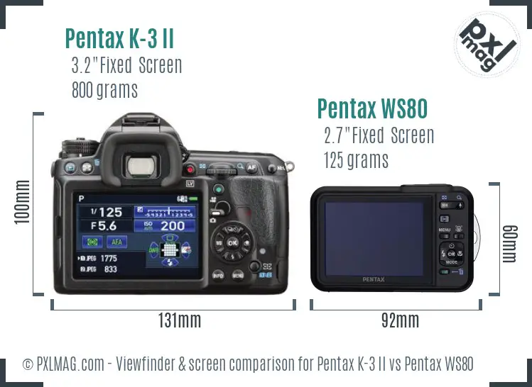 Pentax K-3 II vs Pentax WS80 Screen and Viewfinder comparison