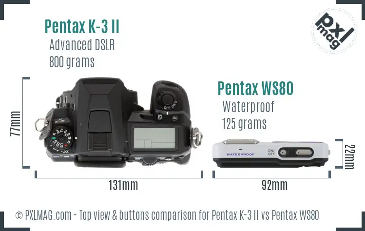 Pentax K-3 II vs Pentax WS80 top view buttons comparison