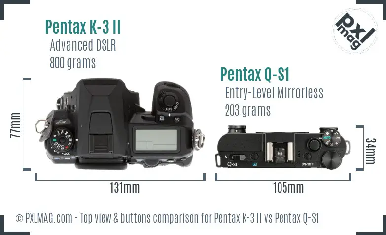 Pentax K-3 II vs Pentax Q-S1 top view buttons comparison