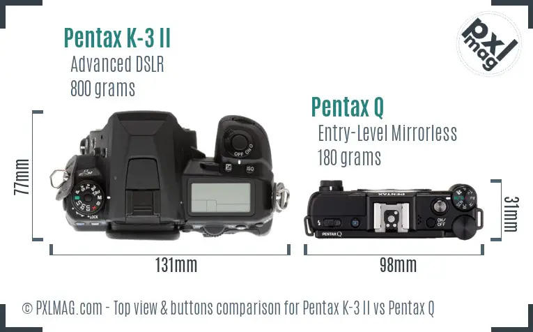 Pentax K-3 II vs Pentax Q top view buttons comparison