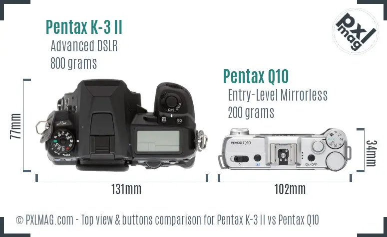 Pentax K-3 II vs Pentax Q10 top view buttons comparison