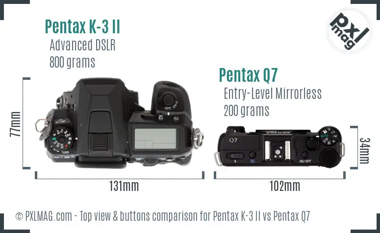 Pentax K-3 II vs Pentax Q7 top view buttons comparison