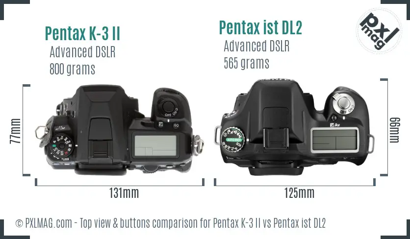 Pentax K-3 II vs Pentax ist DL2 top view buttons comparison
