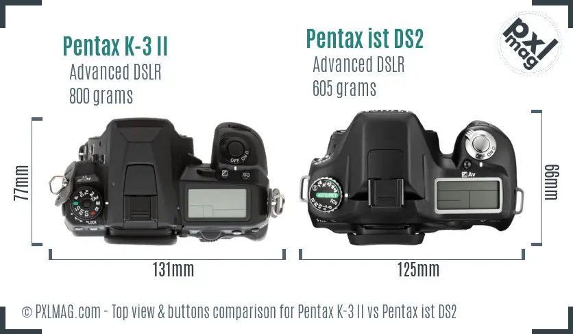 Pentax K-3 II vs Pentax ist DS2 top view buttons comparison