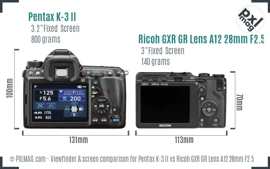 Pentax K-3 II vs Ricoh GXR GR Lens A12 28mm F2.5 Screen and Viewfinder comparison
