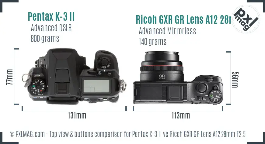 Pentax K-3 II vs Ricoh GXR GR Lens A12 28mm F2.5 top view buttons comparison