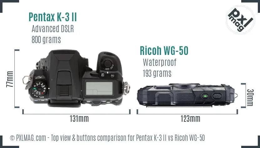 Pentax K-3 II vs Ricoh WG-50 top view buttons comparison Pentax K-3 II vs Ricoh WG-50 top view buttons comparison