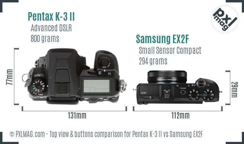 Pentax K-3 II vs Samsung EX2F top view buttons comparison