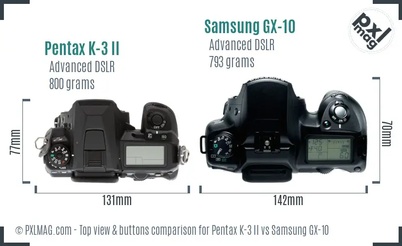 Pentax K-3 II vs Samsung GX-10 top view buttons comparison