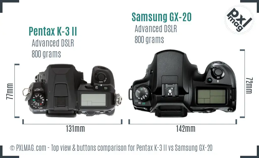 Pentax K-3 II vs Samsung GX-20 top view buttons comparison