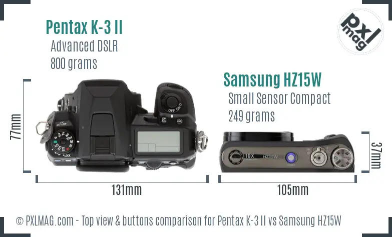 Pentax K-3 II vs Samsung HZ15W top view buttons comparison