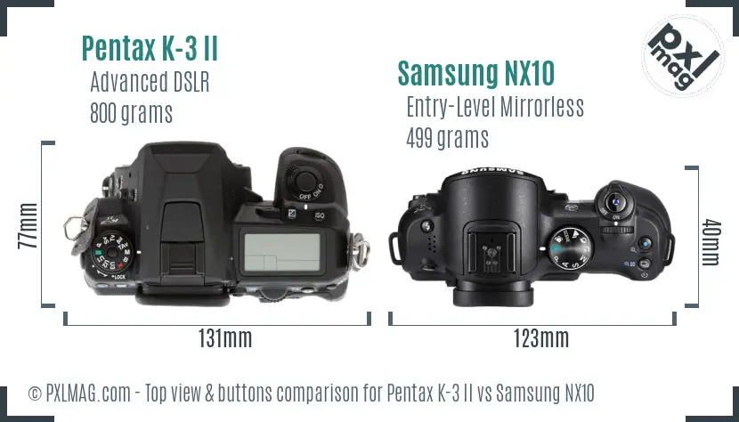 Pentax K-3 II vs Samsung NX10 top view buttons comparison