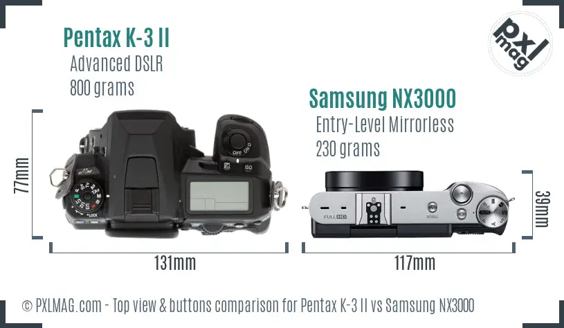Pentax K-3 II vs Samsung NX3000 top view buttons comparison
