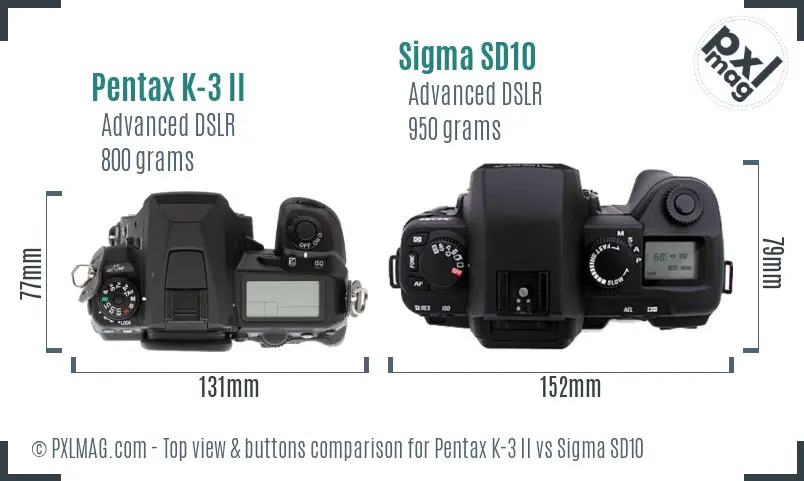 Pentax K-3 II vs Sigma SD10 top view buttons comparison