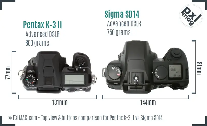 Pentax K-3 II vs Sigma SD14 top view buttons comparison