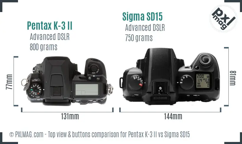 Pentax K-3 II vs Sigma SD15 top view buttons comparison