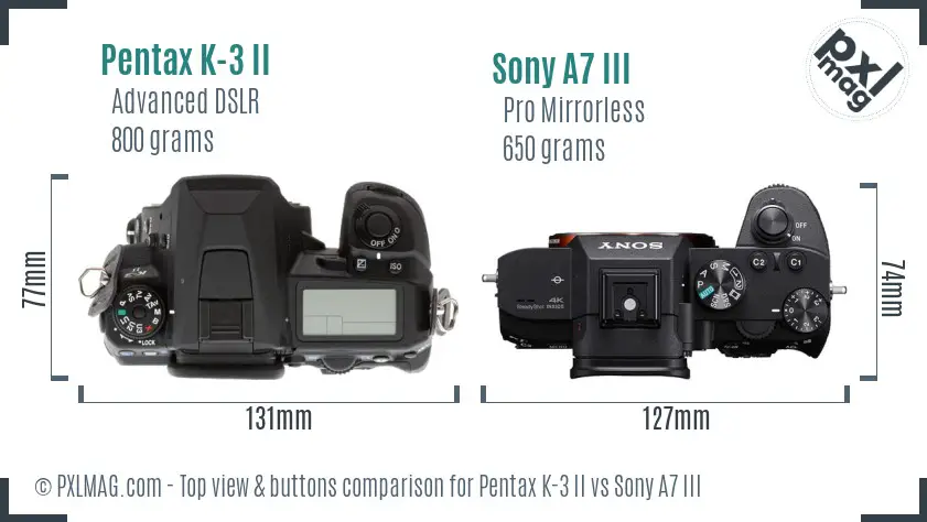 Pentax K-3 II vs Sony A7 III top view buttons comparison