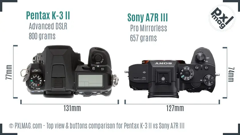 Pentax K-3 II vs Sony A7R III top view buttons comparison Pentax K-3 II vs Sony A7R III top view buttons comparison