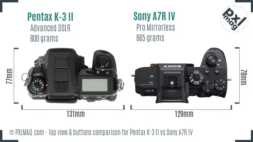 Pentax K-3 II vs Sony A7R IV top view buttons comparison