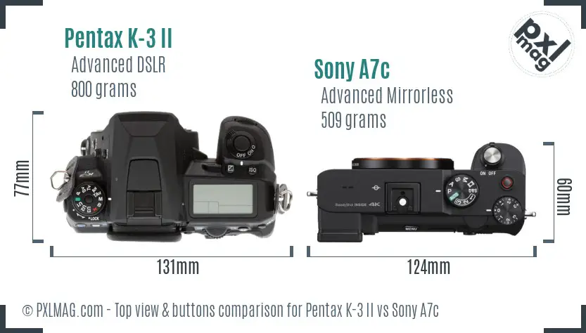 Pentax K-3 II vs Sony A7c top view buttons comparison