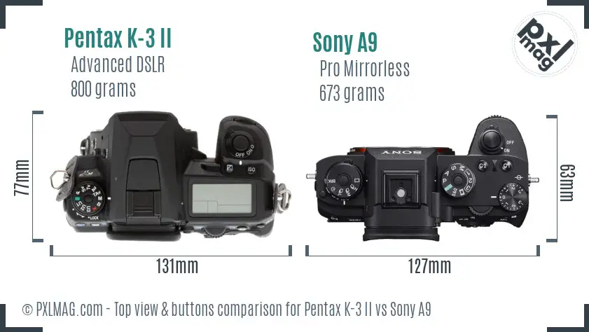 Pentax K-3 II vs Sony A9 top view buttons comparison