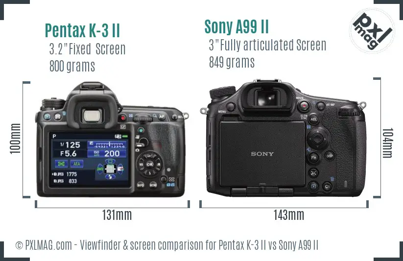 Pentax K-3 II vs Sony A99 II Screen and Viewfinder comparison