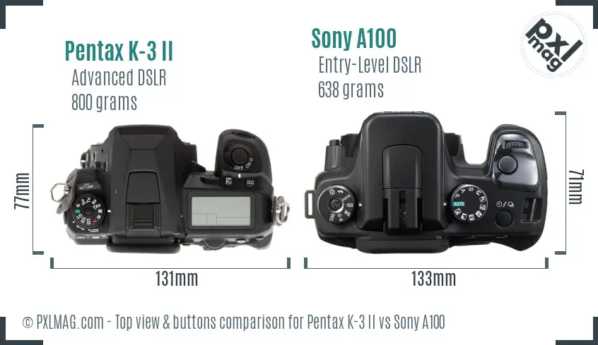 Pentax K-3 II vs Sony A100 top view buttons comparison