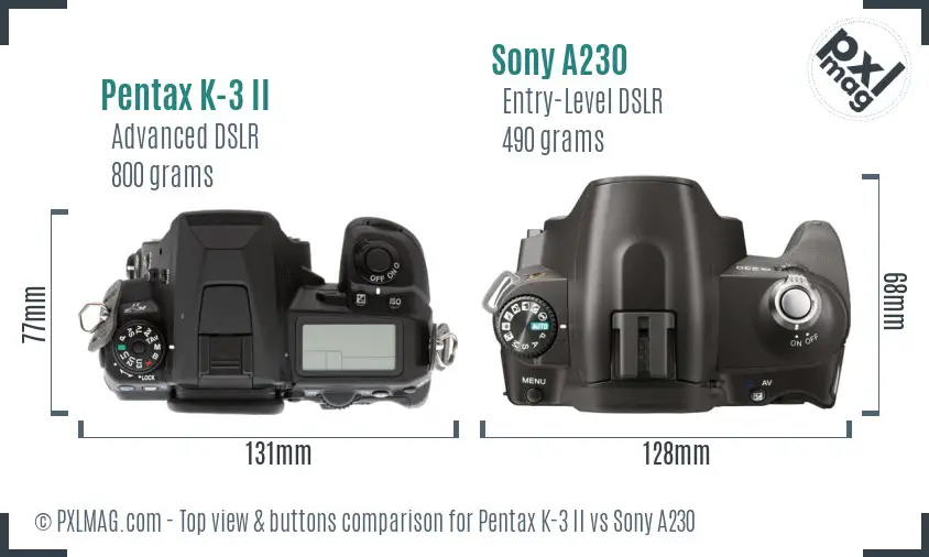 Pentax K-3 II vs Sony A230 top view buttons comparison