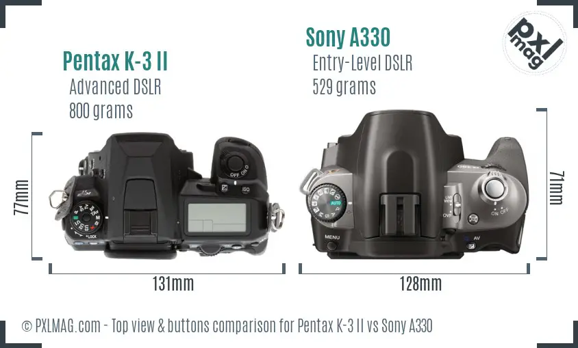 Pentax K-3 II vs Sony A330 top view buttons comparison Pentax K-3 II vs Sony A330 top view buttons comparison