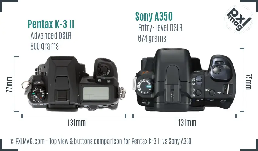 Pentax K-3 II vs Sony A350 top view buttons comparison Pentax K-3 II vs Sony A350 top view buttons comparison