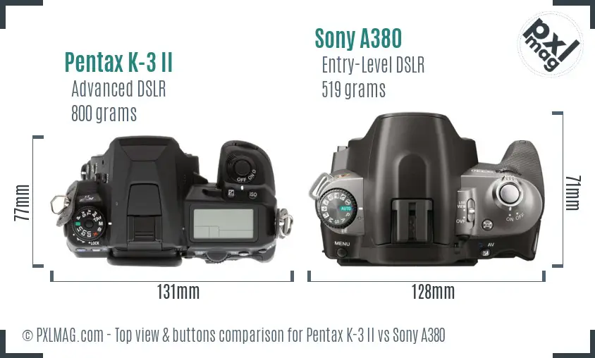 Pentax K-3 II vs Sony A380 top view buttons comparison