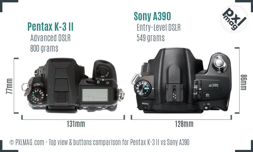 Pentax K-3 II vs Sony A390 top view buttons comparison Pentax K-3 II vs Sony A390 top view buttons comparison