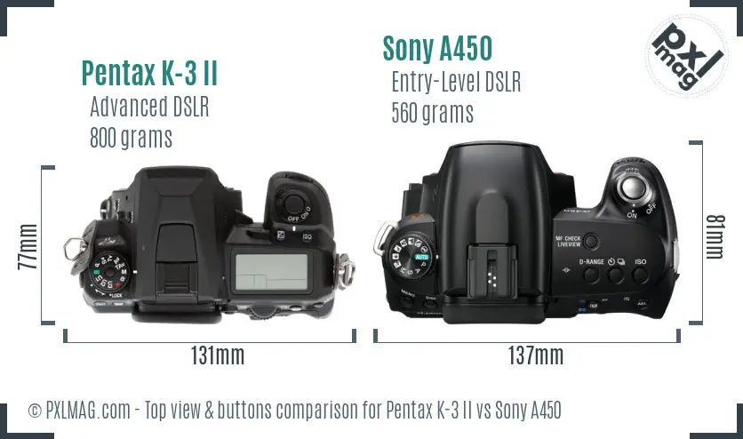 Pentax K-3 II vs Sony A450 top view buttons comparison