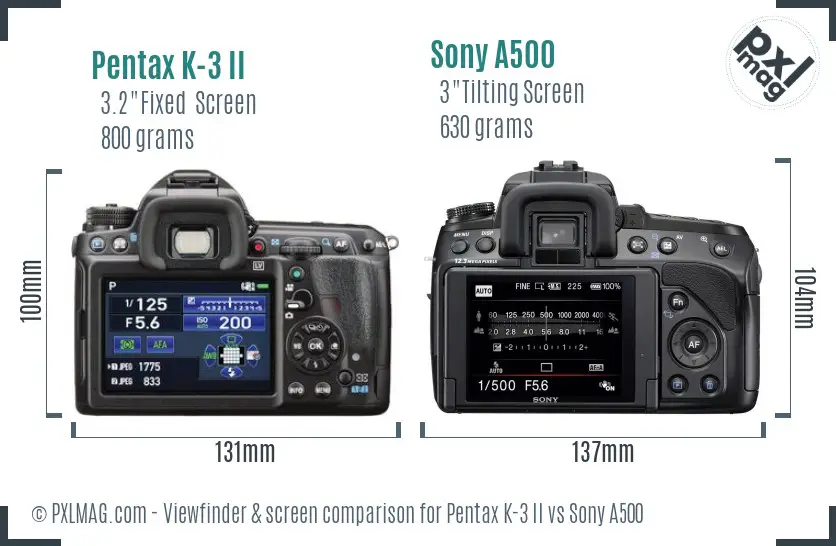 Pentax K-3 II vs Sony A500 Screen and Viewfinder comparison