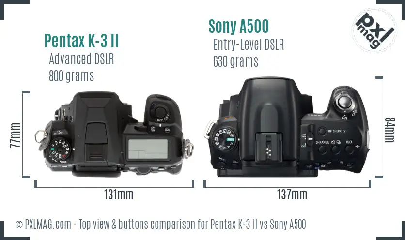 Pentax K-3 II vs Sony A500 top view buttons comparison