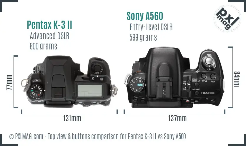 Pentax K-3 II vs Sony A560 top view buttons comparison