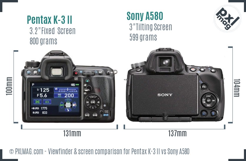 Pentax K-3 II vs Sony A580 Screen and Viewfinder comparison