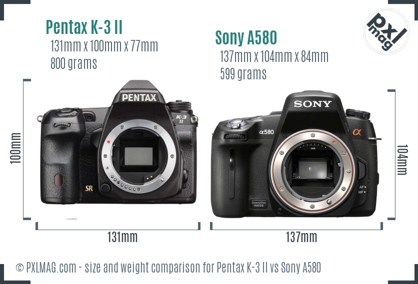 Pentax K-3 II vs Sony A580 size comparison Pentax K-3 II vs Sony A580 size comparison
