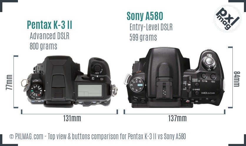 Pentax K-3 II vs Sony A580 top view buttons comparison