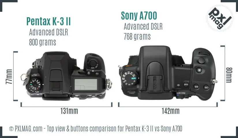 Pentax K-3 II vs Sony A700 top view buttons comparison