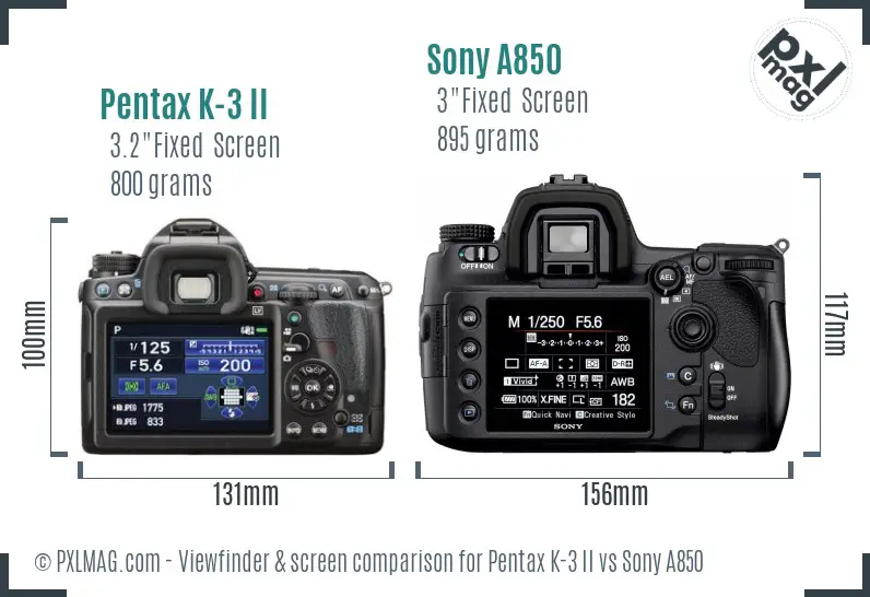 Pentax K-3 II vs Sony A850 Screen and Viewfinder comparison