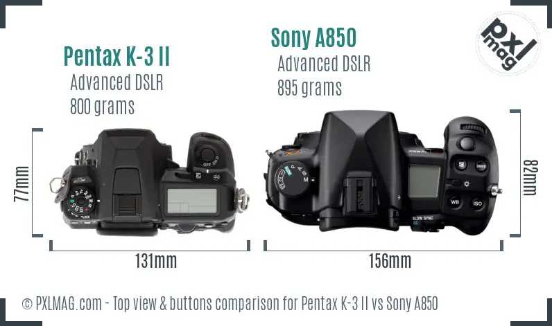 Pentax K-3 II vs Sony A850 top view buttons comparison