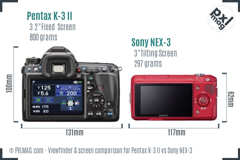 Pentax K-3 II vs Sony NEX-3 Screen and Viewfinder comparison