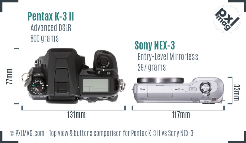 Pentax K-3 II vs Sony NEX-3 top view buttons comparison